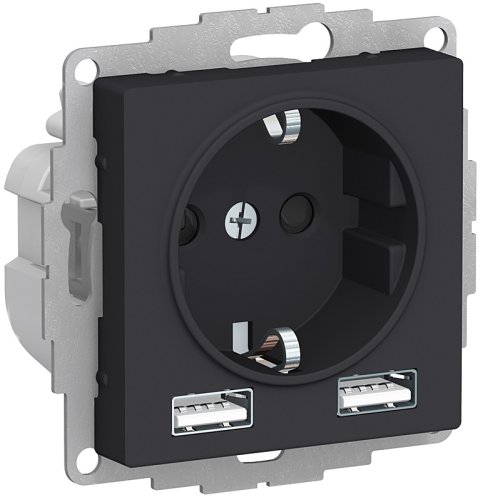 Розетка с заземлением +2xUSB тип A+A без рамки Systeme Electric AtlasDesign 1-м. карбон картинка